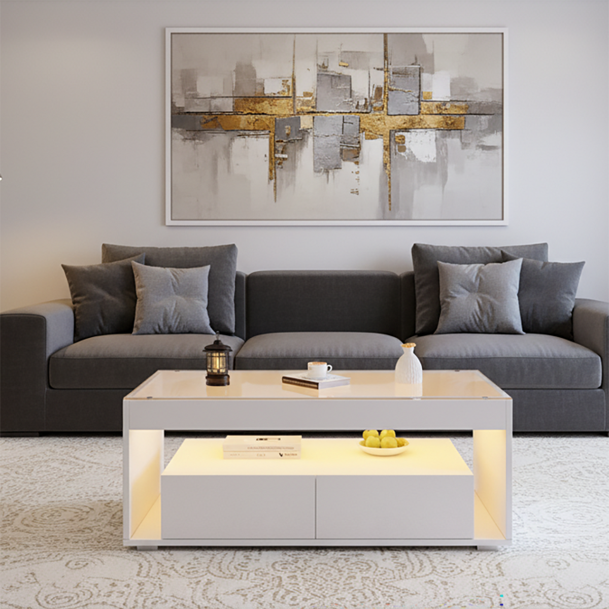COUCHTISCH Weiß Hochglanz mit LED & 2 Schubladen - Beige, Holzwerkstoff (50/100/40cm) - Urban Meuble