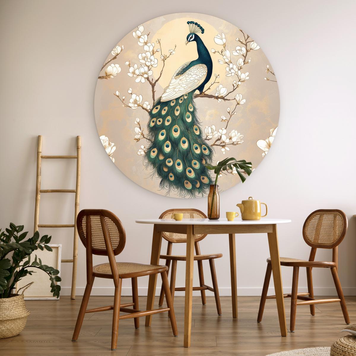 WANDBILD Pfau - Zweig - Blumen Wandbild 120x120 cm - Champagner, Kunststoff (120/120cm) - MuchoWow