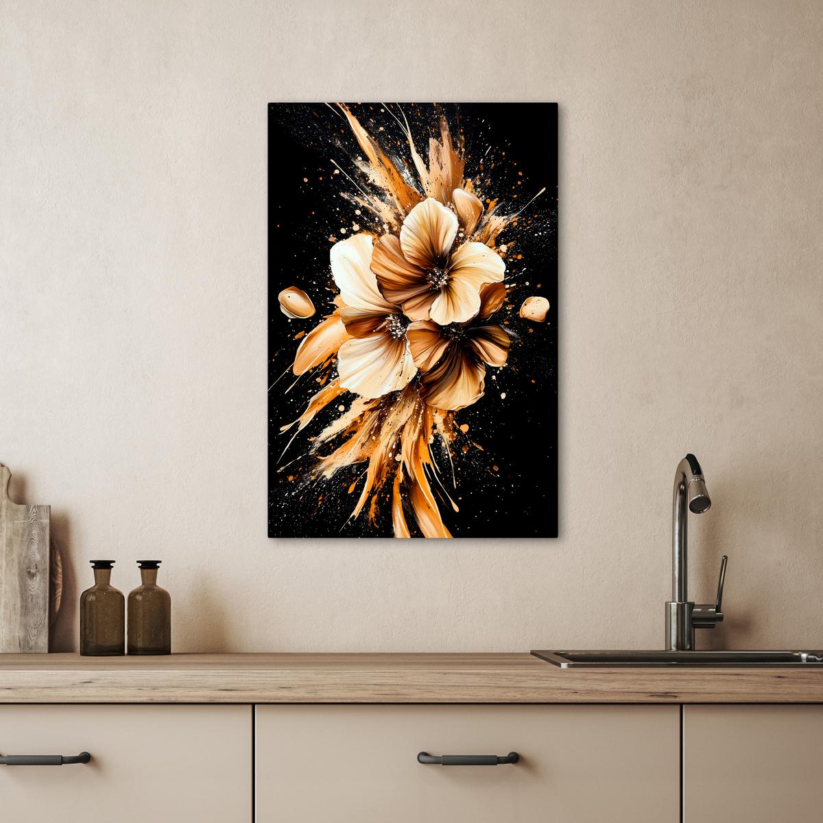 LEINWANDBILD Blumen - Gold - Graffiti - Schwarz - Abstrakt Wanddeko 40x60 cm - Cappuccino, Textil (40/60cm) - MuchoWow
