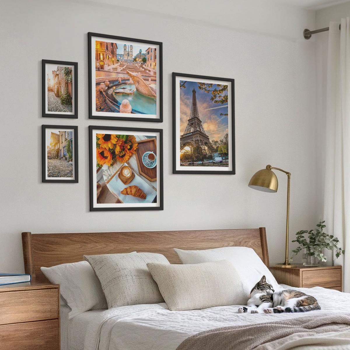 BILDER SET 5er Set - 50x50 cm & 20x30 cm & 40x60 cm Schwarzer Rahmen - Charmante Straßen mit Kaffee - Schwarz, Kunststoff (40/60cm) - TULUP