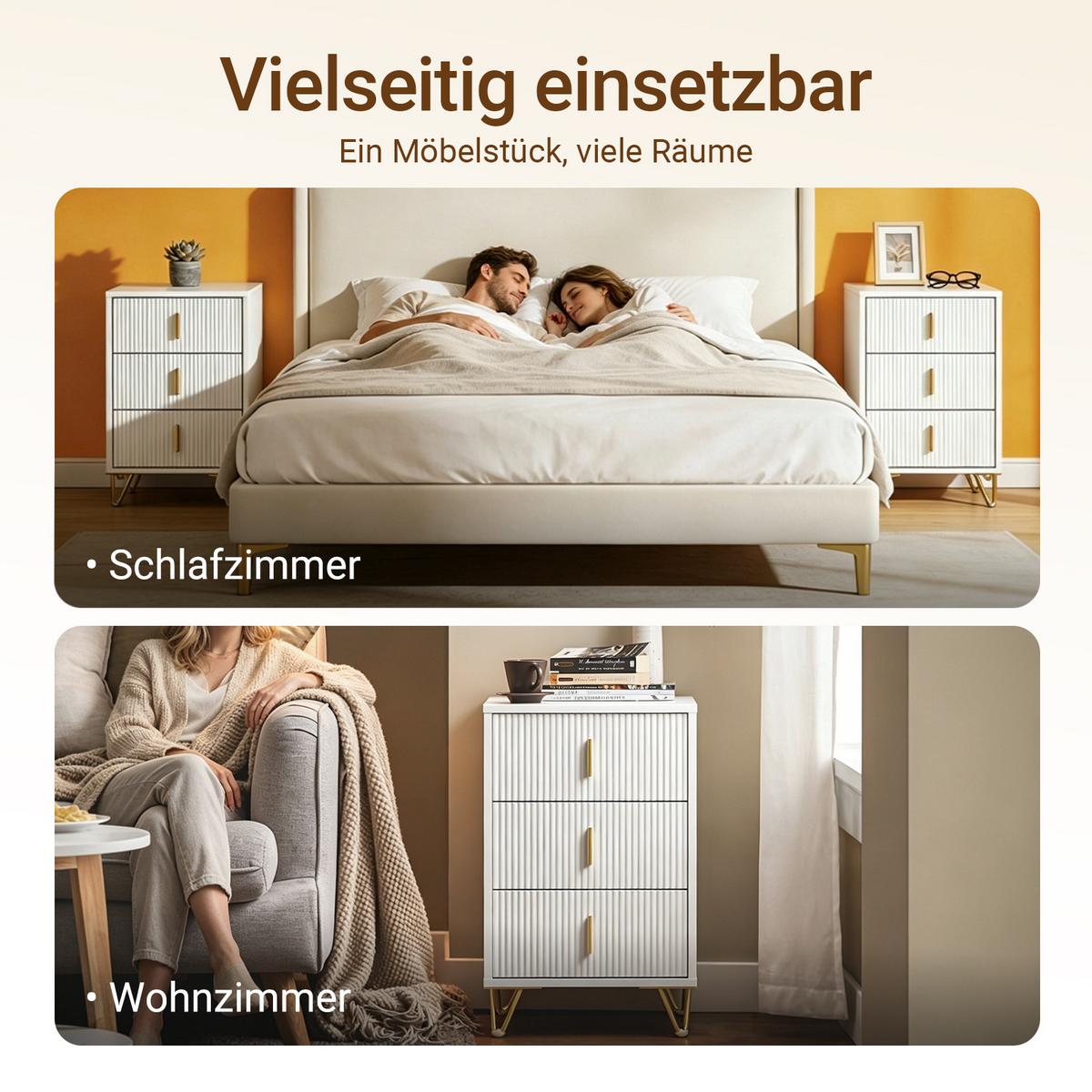 NACHTTISCH 2er Set, Beistelltisch mit 3 Schubladen, Weiß 40x40x63cm - Weiß, Holzwerkstoff (40/63/36cm) - SoBuy