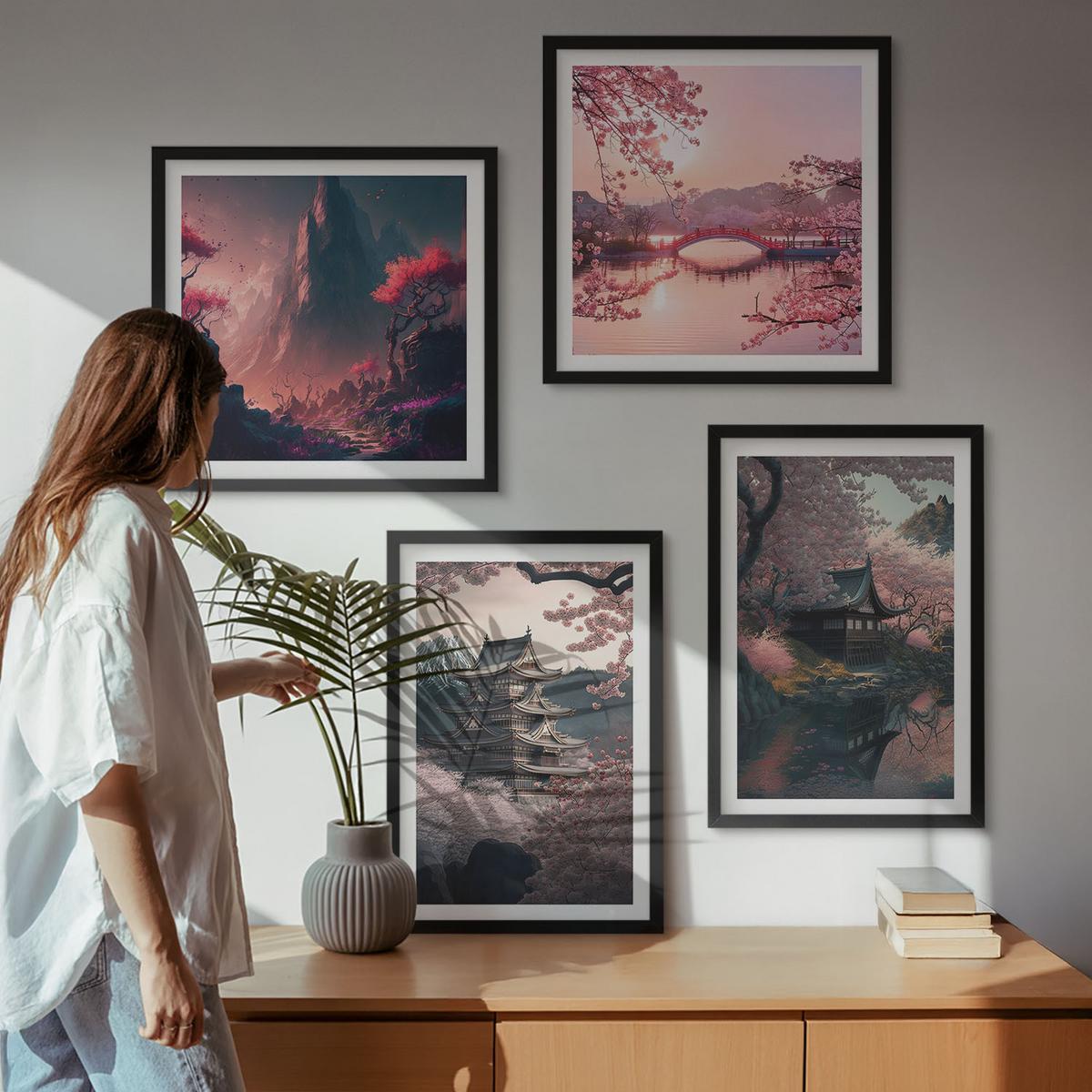 BILDER SET 4er Set - 50x50 cm & 40x60 cm Schwarzer Rahmen - Fantasielandschaften Japans - Schwarz, Kunststoff (50/50cm) - TULUP