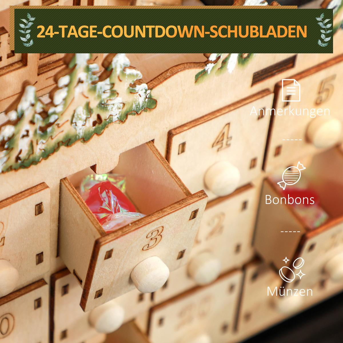 ADVENTSKALENDER Weihnachtskalender 24 Schubladen mit LED-Lichtern MDF Naturholz - Naturfarben, Kunststoff (9/42.5/45cm) - HOMCOM