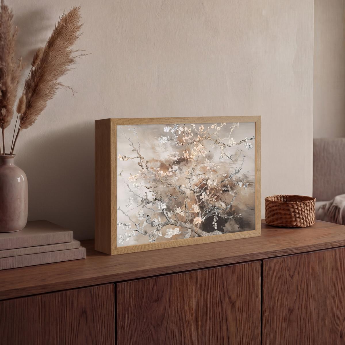 WANDLEUCHTE MIT AKKU Mandelblüte - Kunst - Van Gogh - Beige - Abstrakt 40x30 cm - Graubraun, Holzwerkstoff (40/30/8cm) - OnlyWow