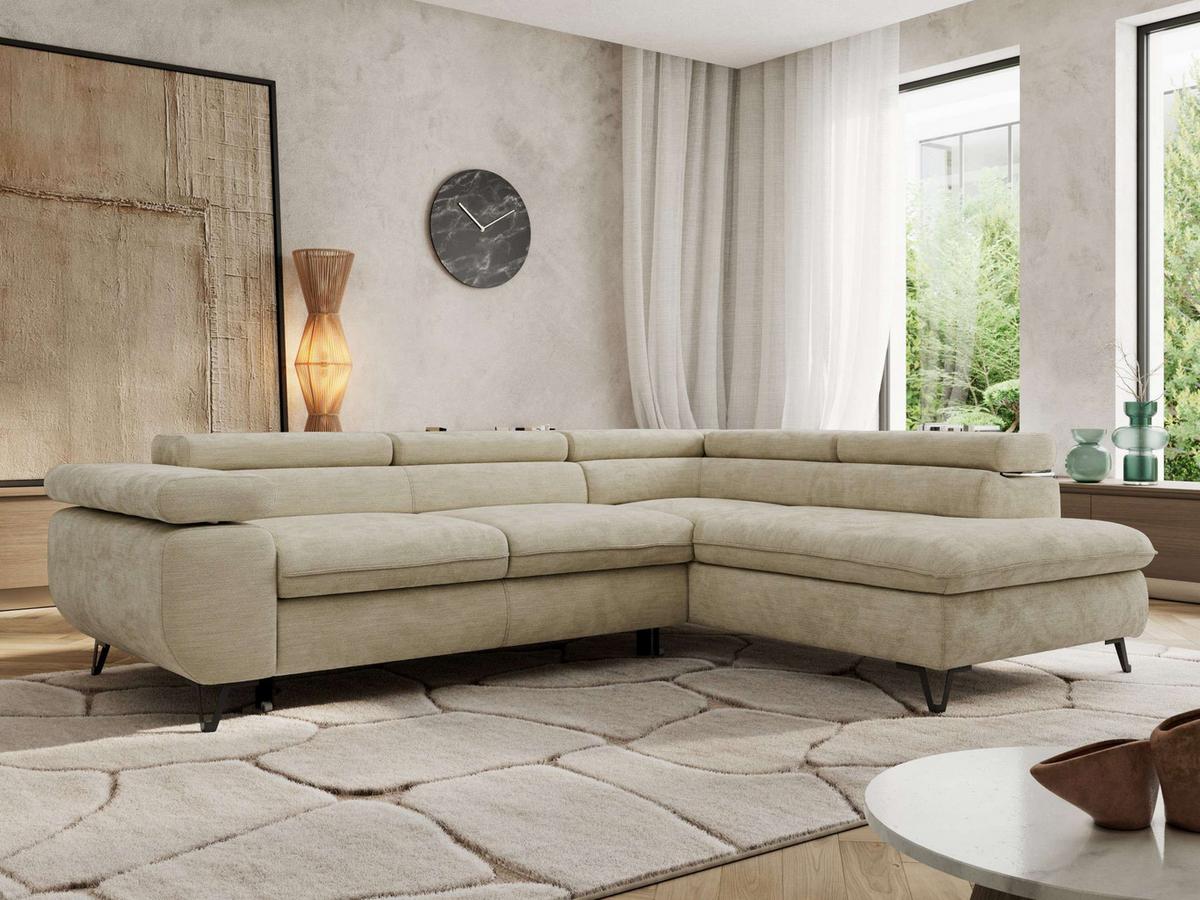 ECKSOFA PABLO L Beige Schenille glatt - Rechts Seite - Beige/Schwarz, Textil/Metall (273/208cm) - MKS
