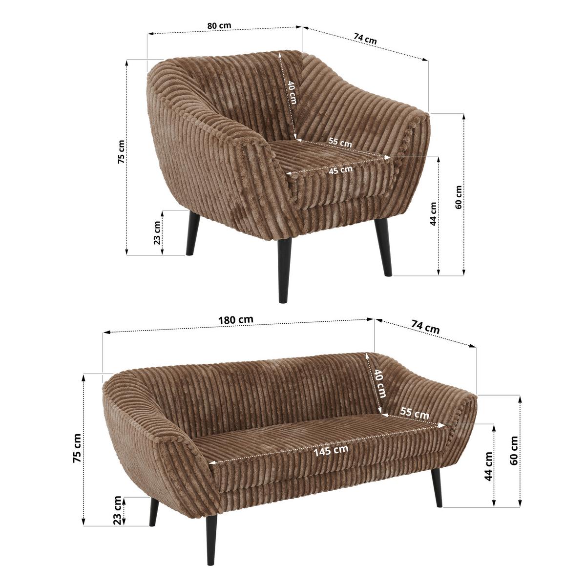 SITZGARNITUR PIRS 3+3+1 - Braun Cord - Schwarze Beine - Schwarz/Braun, Holzwerkstoff/Textil (180/75/74cm) - MKS
