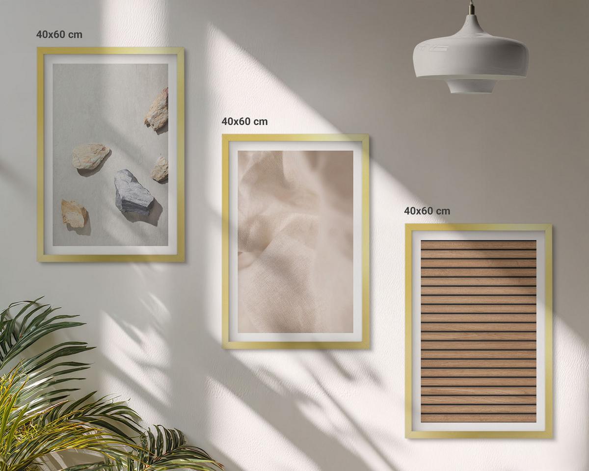 BILDER SET 3er Set - 40x60 cm Goldrahmen - Steine, Holz, Stofftexturen - Goldfarben, Kunststoff (40/60cm) - TULUP
