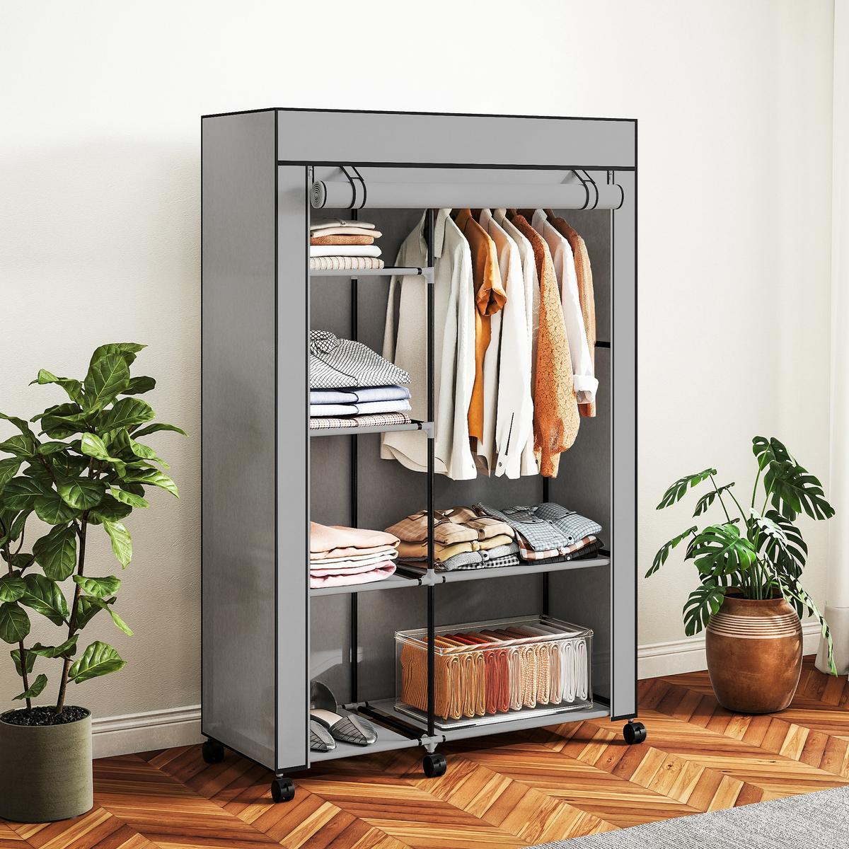 STOFFSCHRANK mit 2 Kleiderstangen, 6 Fächern Hellgrau - Hellgrau, Metall (43/162.5/103cm) - HOMCOM