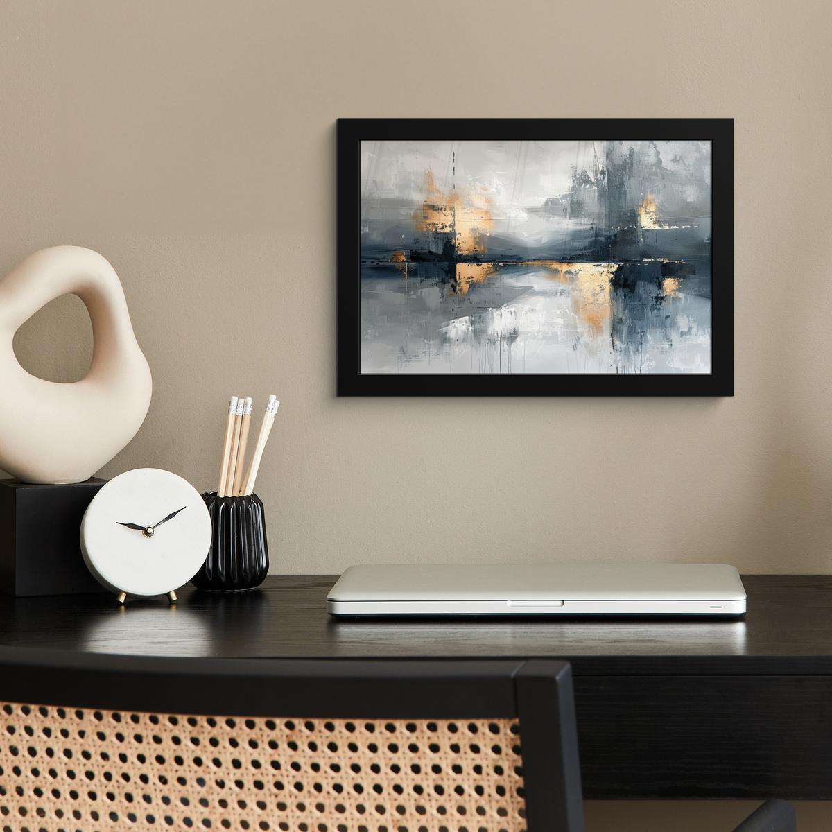 POSTER MIT RAHMENGERAHMTES BILD Kunst - Grau - Gold - Abstrakt 30x20 cm - Dunkelgrau, Papier (30/20cm) - MuchoWow