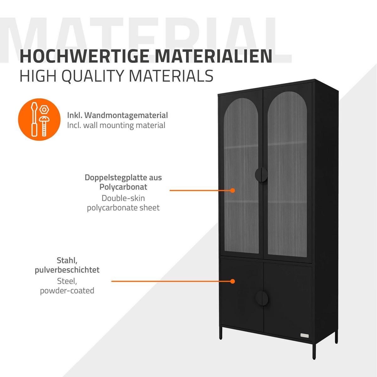 VITRINENSCHRANK 80x185x40 cm Schwarz aus Stahl mit 4 Türen - Schwarz, Metall (80/185/40cm) - ML-DESIGN
