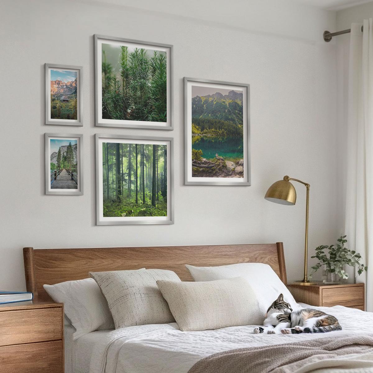 BILDER SET 5er Set - 50x50 cm & 20x30 cm & 40x60 cm Silberner Rahmen - Minimalistische Pflanzenzeichnungen - Silberfarben, Kunststoff (40/60cm) - TULUP