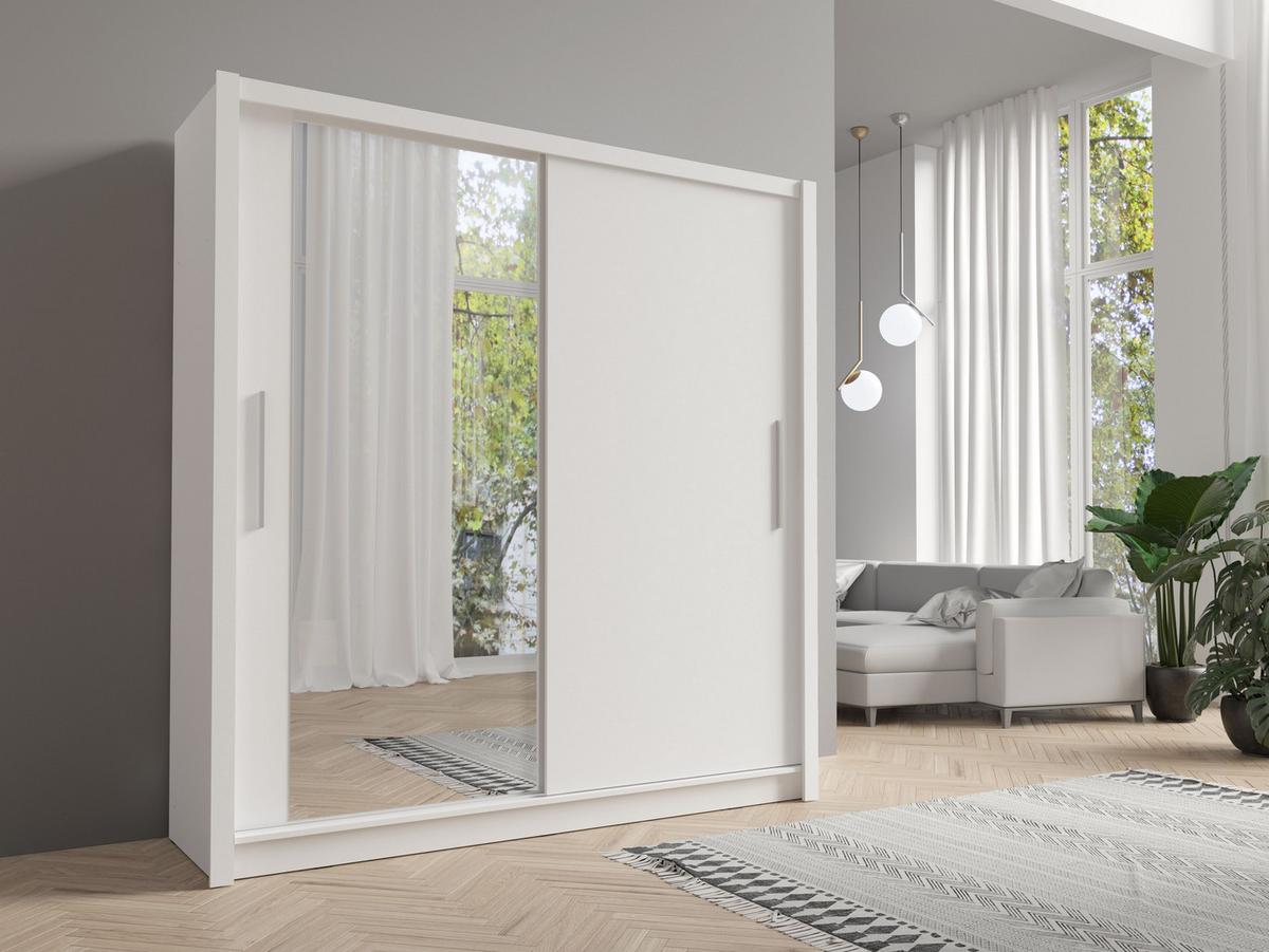 SCHWEBETÜRENSCHRANK FRISKA 154,4/214,4/62cm 2-türig mit Spiegel Weiß - Weiß, Holzwerkstoff (154.4/214.4/62cm) - MASSENO