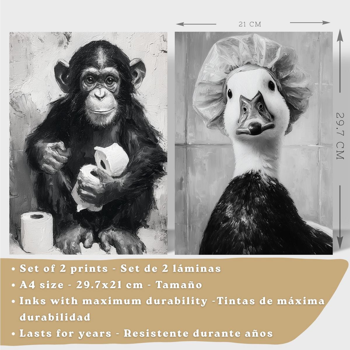 POSTER 2er-Set lustige Tiermotive in Schwarz-Weiß fürs Badezimmer, witzige für Toilette, Bad, minimalistischer Stil Leichter Holzrahmen A4 - Beige, Papier (29.7/21/3cm) - Nacnic
