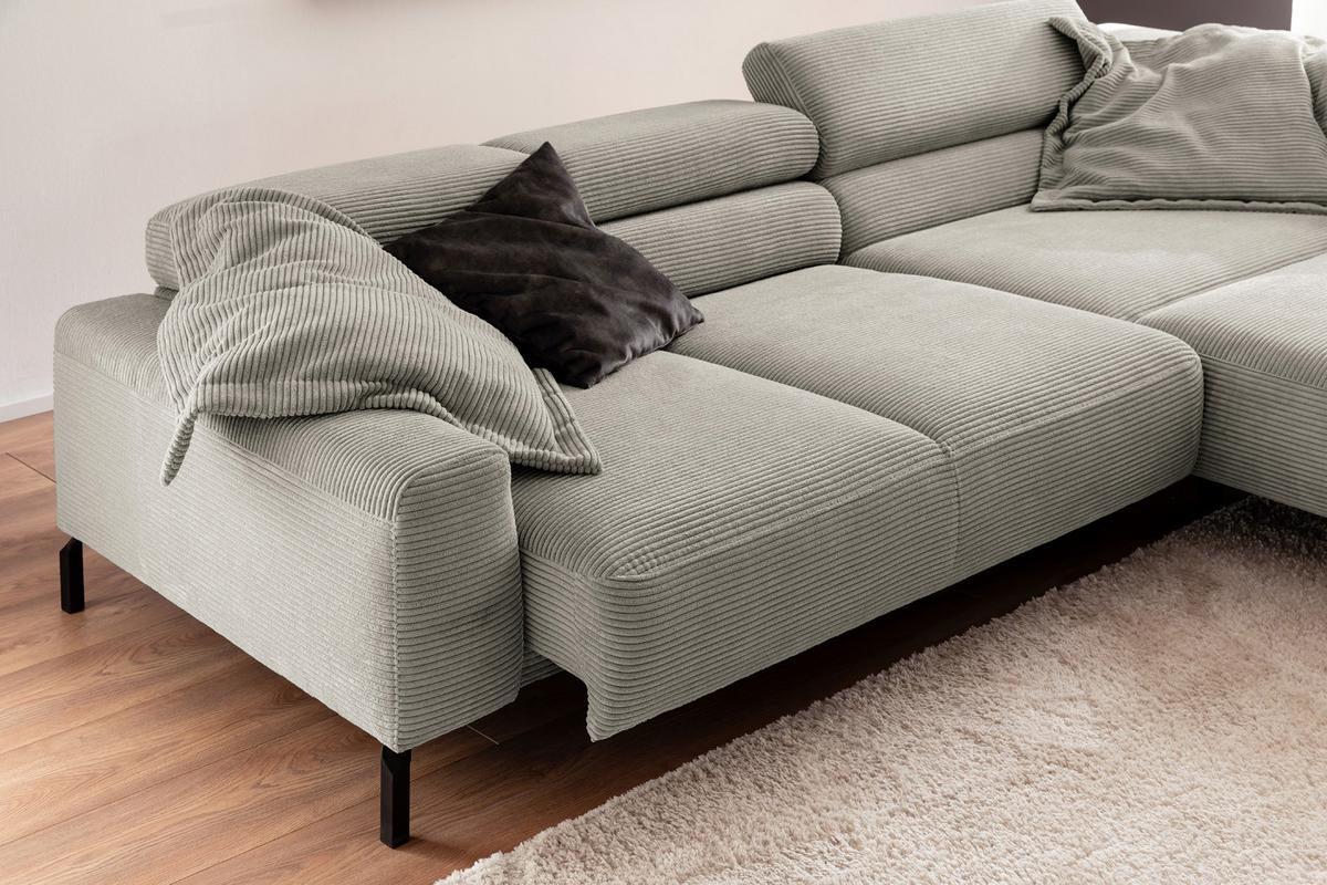 ECKSOFA MIT MOTORISCHEM SITZVORZUG DELIA Steingrau Cord Relaxfunktion - Greige/Schwarz, Textil/Metall (312/219cm) - KAWOLA