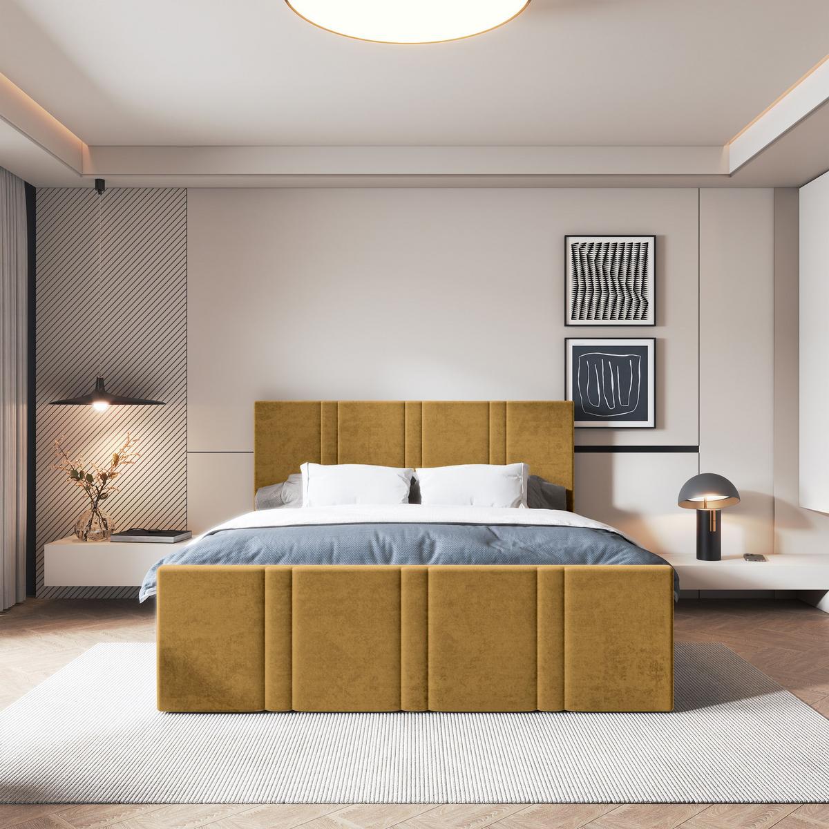 BOXBETT COMOZA 200x200 cm mit Matratze und Topper, H2+H3 - Gelb - Gelb, Holz (200/200cm) - MASSENO
