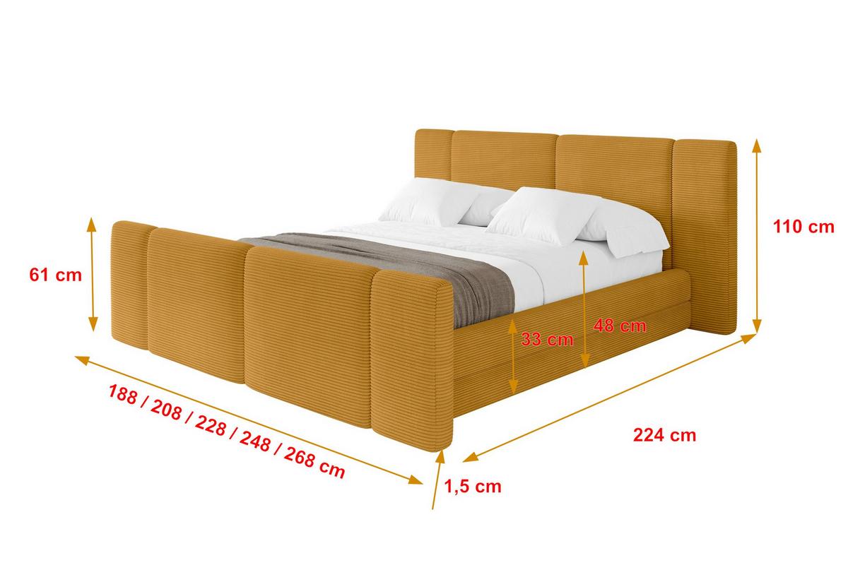 POLSTERBETT mit Bettkasten, Fußteil und Lattenrost, Bett mit Matratze H3/H4 - TEVO-Z 140x200 Senfgelb - Gelb, Holzwerkstoff/Textil (140/200cm) - ALTDECOR