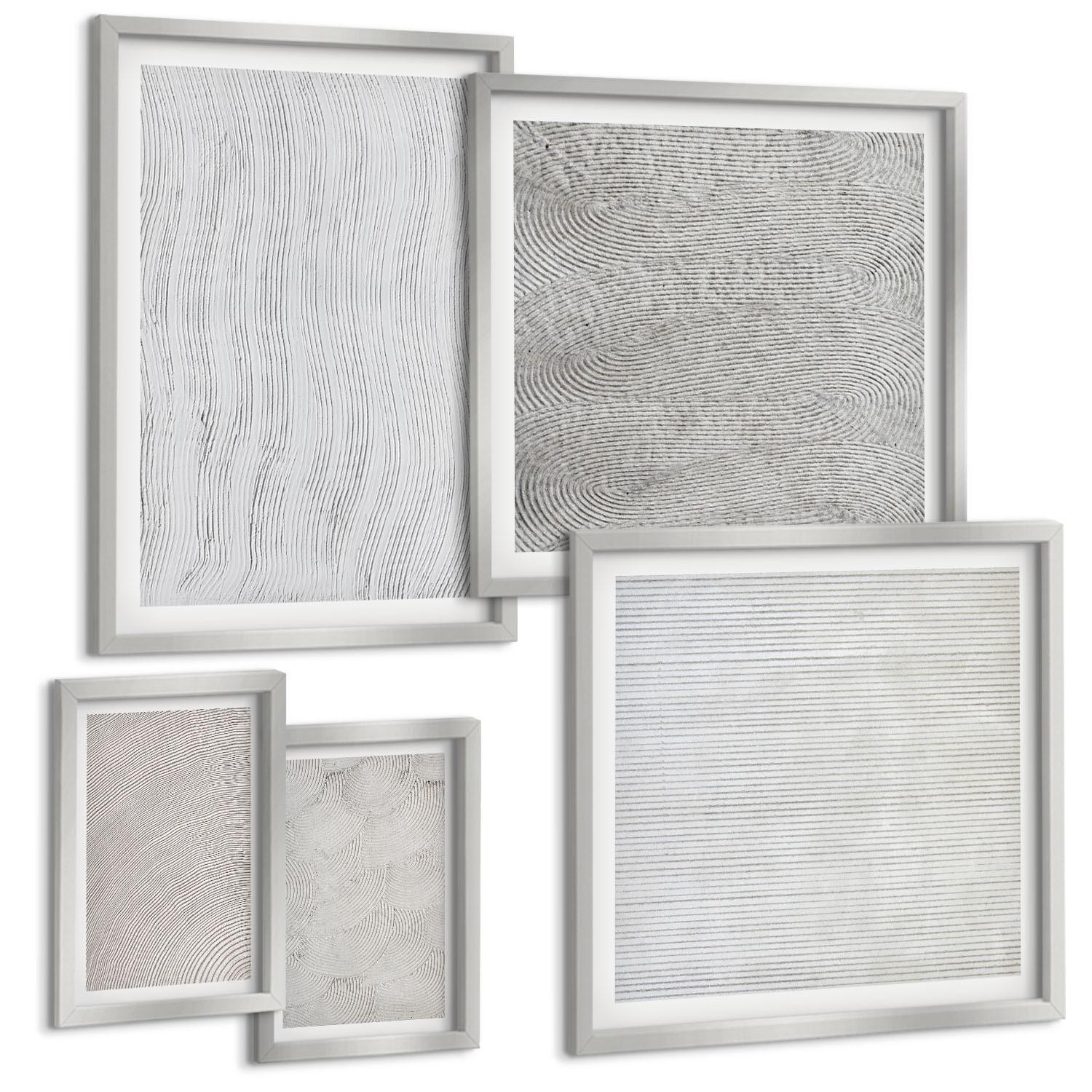 BILDER SET 5er Set - 50x50 cm & 20x30 cm & 40x60 cm Silberner Rahmen - Sandmuster geometrische Strukturen - Silberfarben, Kunststoff (40/60cm) - TULUP