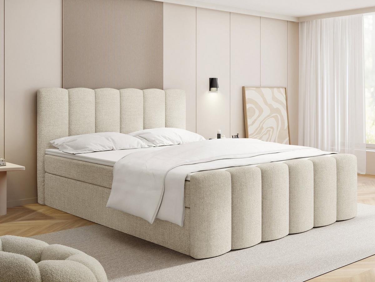 BOXBETT Serenity mit Bettkasten, Creme Chenille 120x200 cm – inkl. H4 Taschenfederkern Matratze & Foam Topper - Creme/Schwarz, Holz/Holzwerkstoff (120/200cm) - WFL GROUP