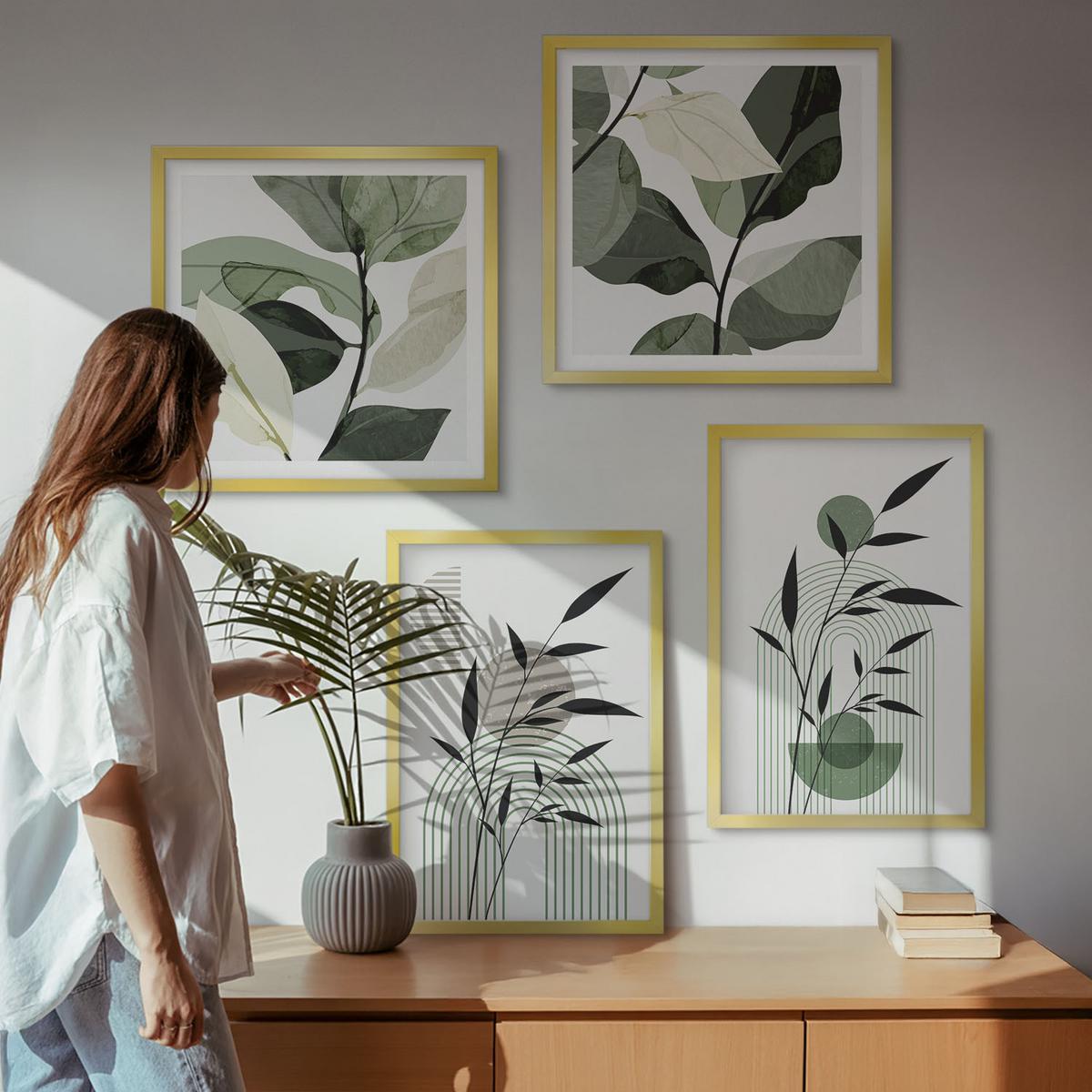 BILDER SET 4er Set - 50x50 cm & 40x60 cm Goldrahmen - Boho-Pflanzenkompositionen - Goldfarben, Kunststoff (50/50cm) - TULUP