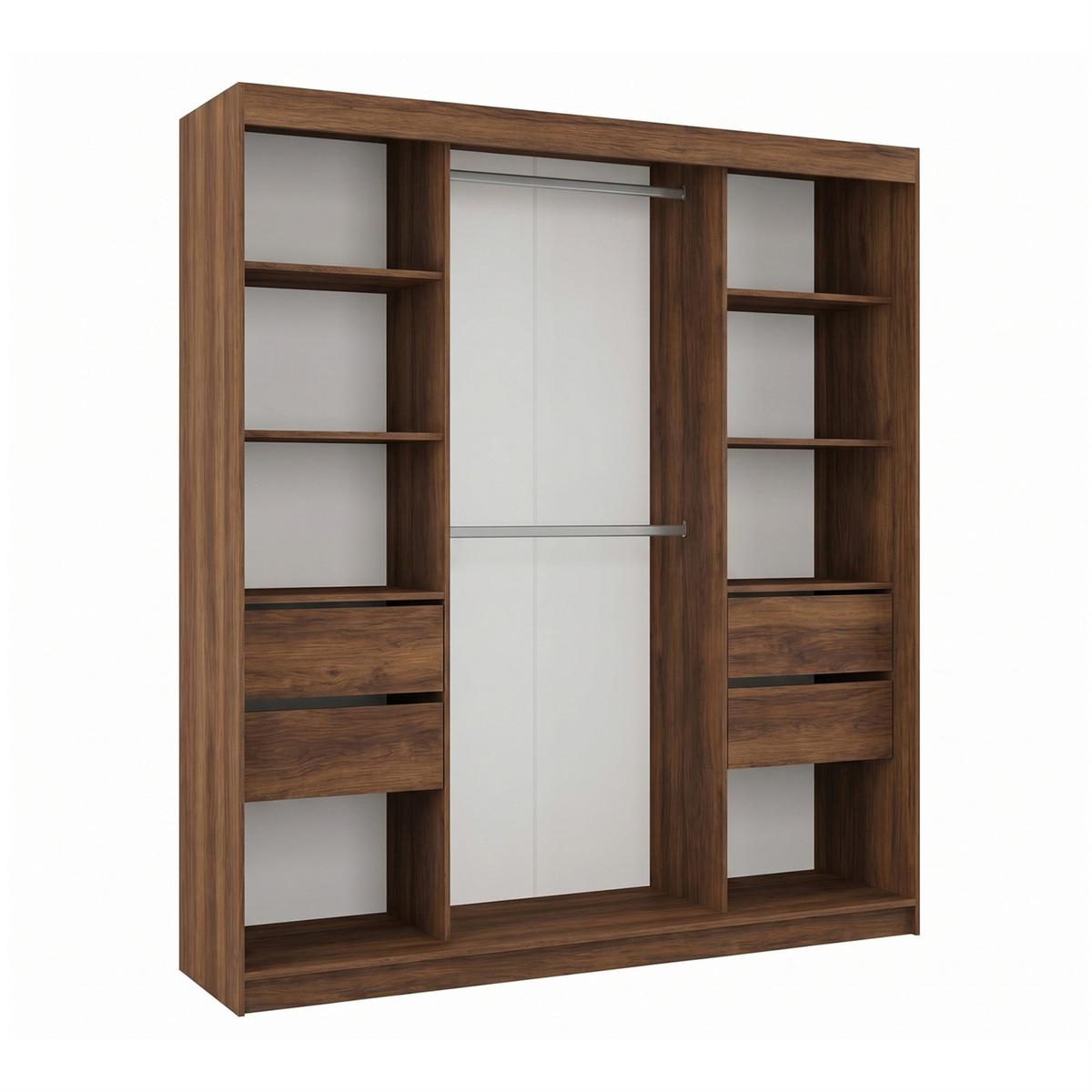 SCHWEBETÜRENSCHRANK Nela II mit Schubladen und Spiegel 200/216/61 Walnuss+Schwarz - Walnussfarben, Holzwerkstoff (200/216/61cm) - Beautysofa