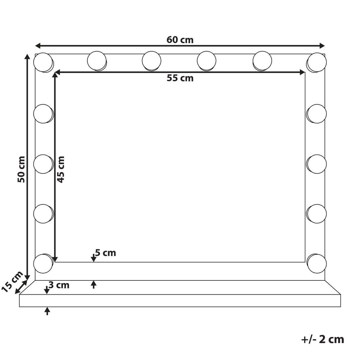 BADSPIEGEL mit LED-Beleuchtung schwarz rechteckig 50/60 cm Beauvoir - Schwarz, Metall (60/50/2cm) - Beliani
