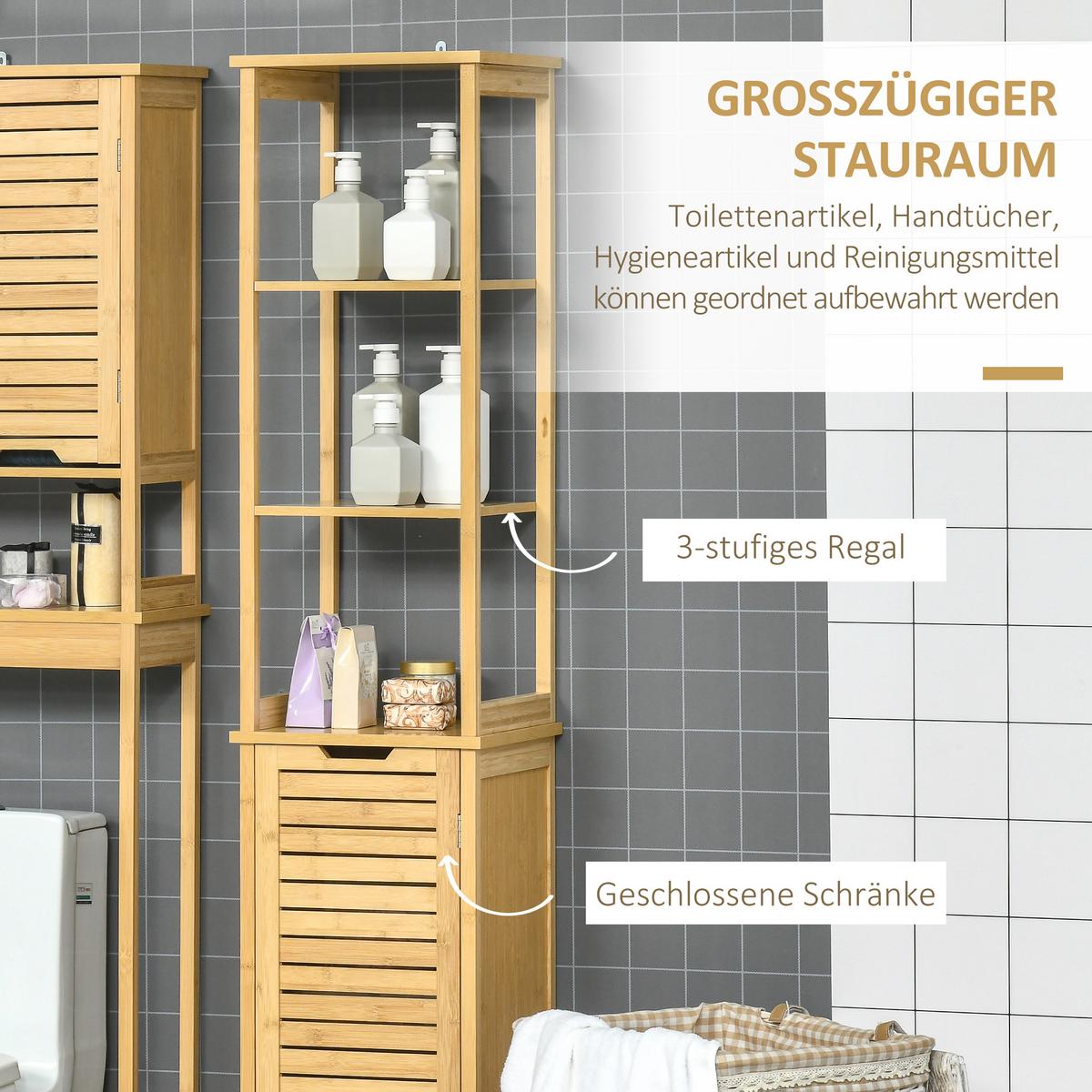 HOCHSCHRANK mit 3 offenen Fächer und 1 Schrank, kleine Räume, Natur - Naturfarben, Holz/Bambusholz (30/173/34cm) - Kleankin