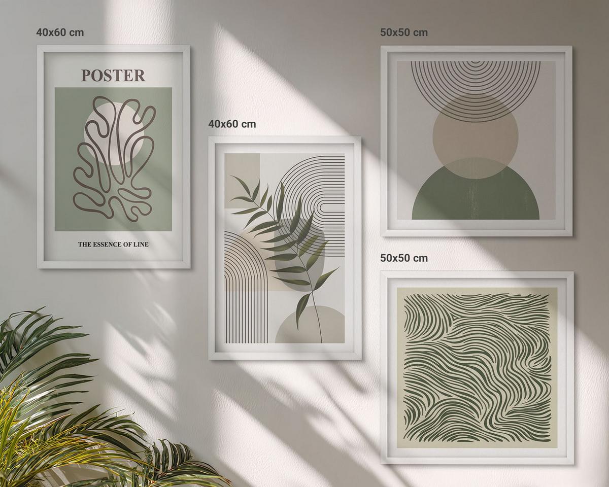 BILDER SET 4er Set - 50x50 cm & 40x60 cm Weißer Rahmen - Geometrische botanische Muster - Weiß, Kunststoff (50/50cm) - TULUP