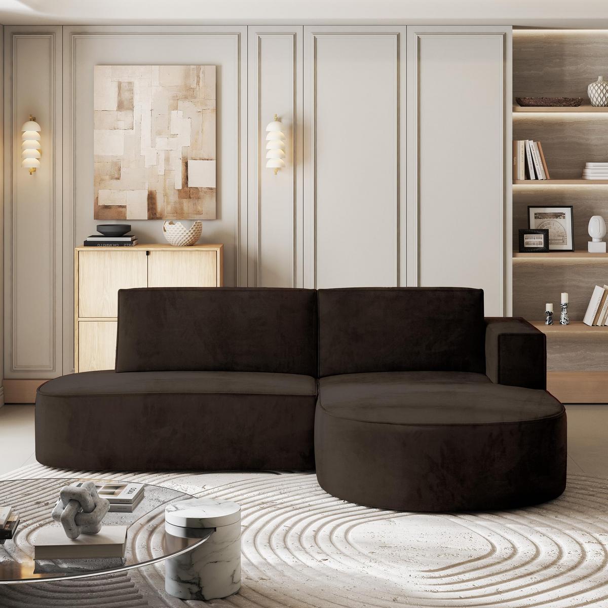 ECKSOFA CORTIO M R-S Braun Velours-Stoff mit Schlaffunktion - Braun/Grau, Holz/Kunststoff (265/174cm) - MASSENO