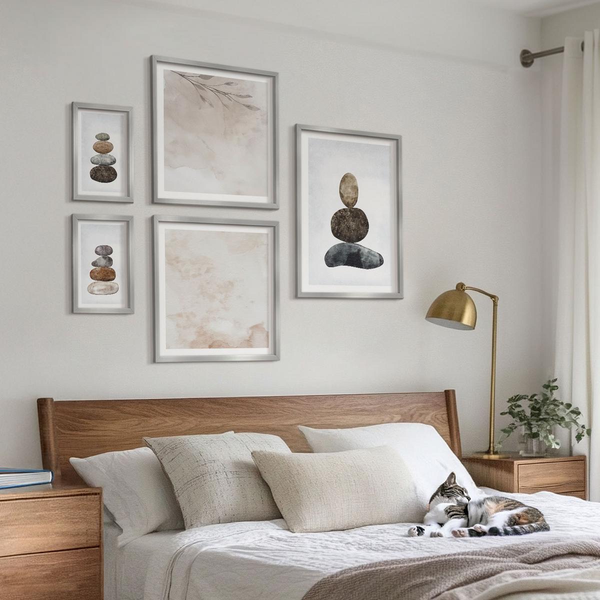 BILDER SET 5er Set - 50x50 cm & 20x30 cm & 40x60 cm Silberner Rahmen - Steinstapel-Boho-Malerei - Silberfarben, Kunststoff (40/60cm) - TULUP