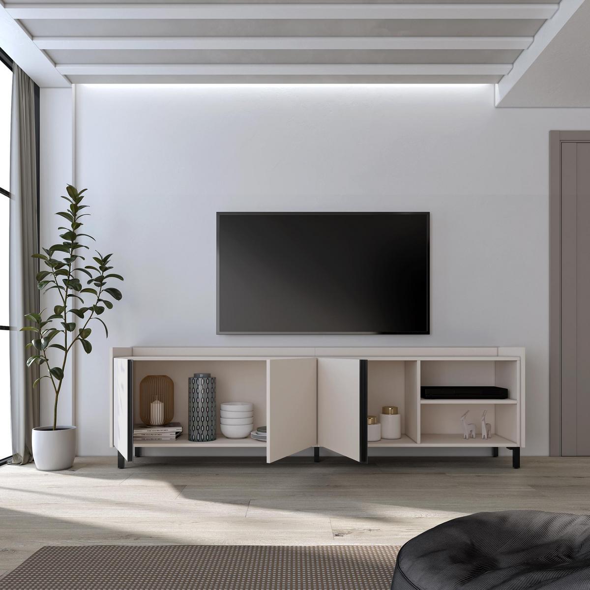 LOWBOARD, Beige, 207/35/61cm, mit Beinen - Beige, Holzwerkstoff (207/61/35cm) - Skraut Home