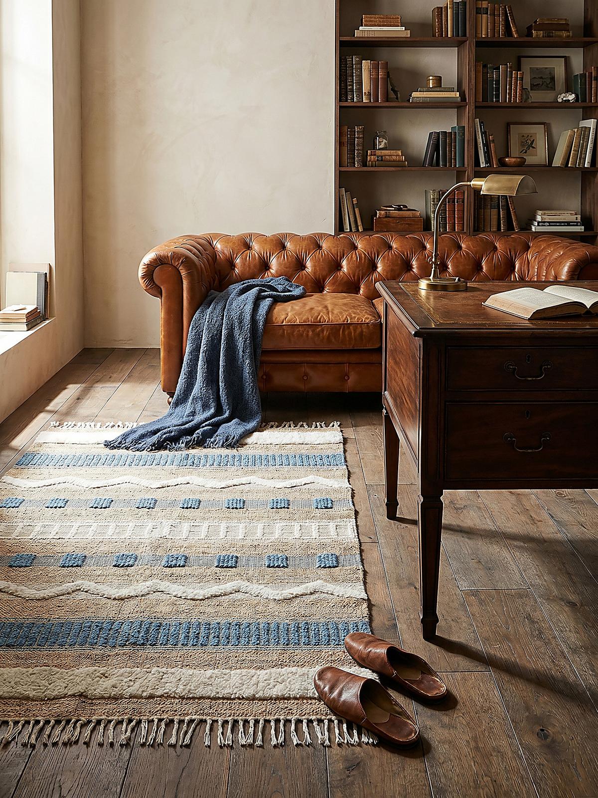 JUTETEPPICH handgewebt mit Fransen WHARFE, im Ethno-Stil, Natur-Blau, 120 x 170 cm - Blau, Textil (170/120cm) - KADIMA DESIGN