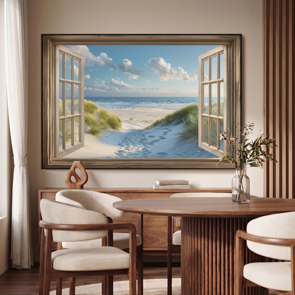 LEINWAND Bilder mit Rahmen - Aussicht - Strand - Fenster - Dünen - Meer - 120x80 - Hellblau, Textil (120/80cm) - MuchoWow