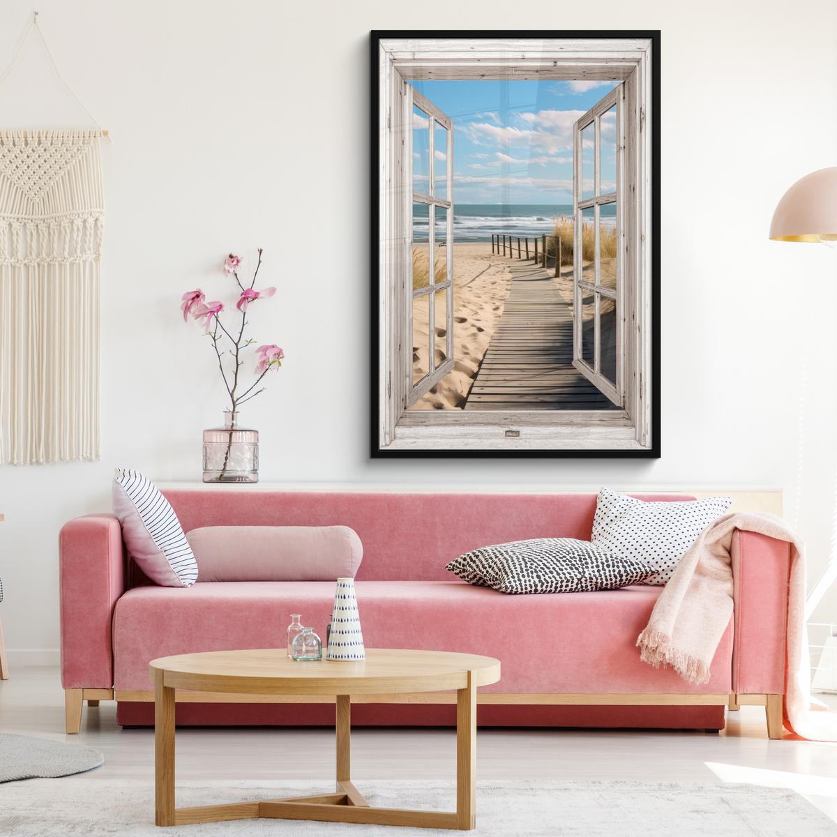 POSTER MIT RAHMEN Fenster - Meer - Küste - Natur - Ausblick - Strand - Wattenmeer Bilderleiste 80x120 cm - Beige, Papier (80/120cm) - MuchoWow
