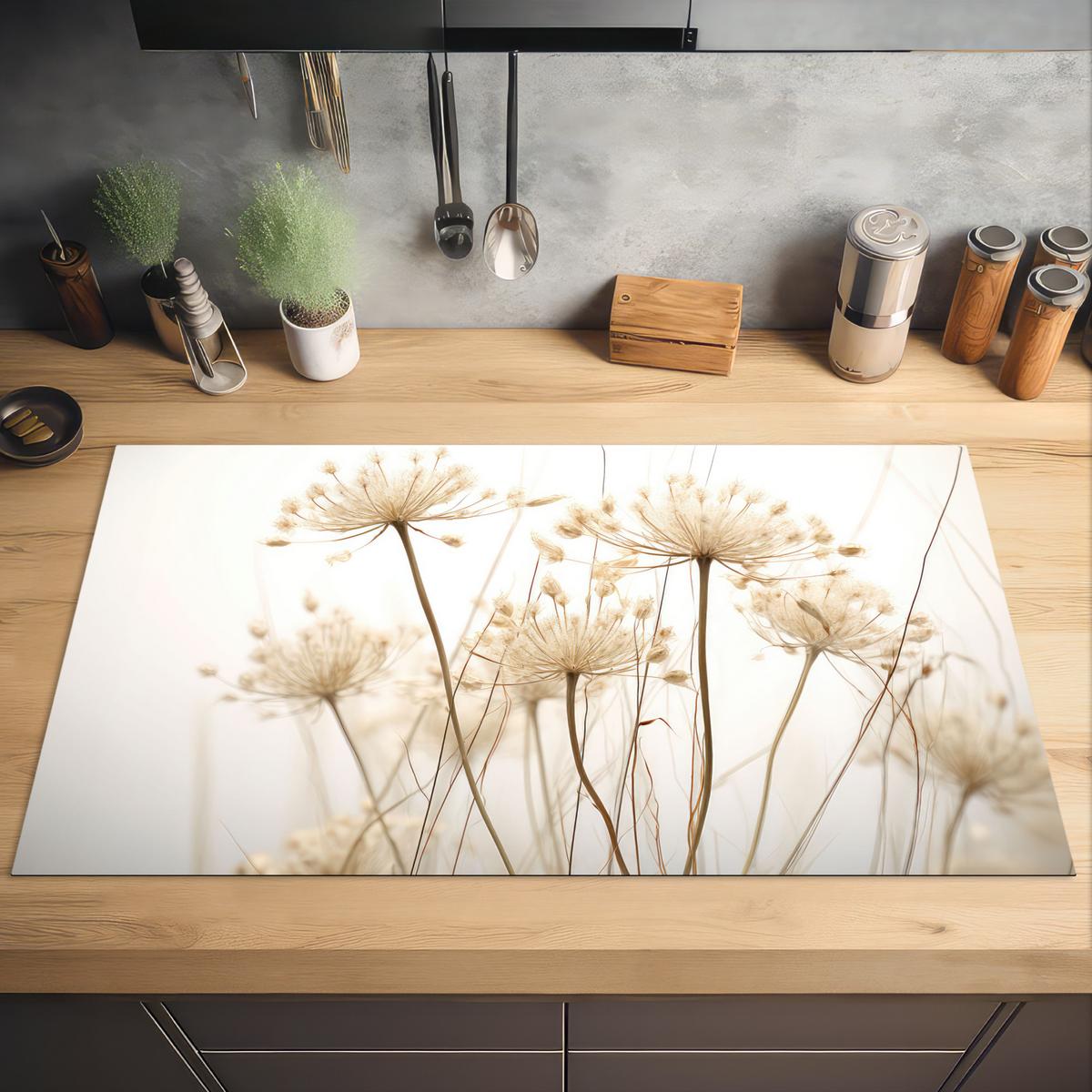 HERDABDECKPLATTE Blumen - Weiß - Sonnenlicht Induktionsschutz 91.6x52.7 cm - Ecru, Kunststoff (91.6/52.7/0.2cm) - MuchoWow