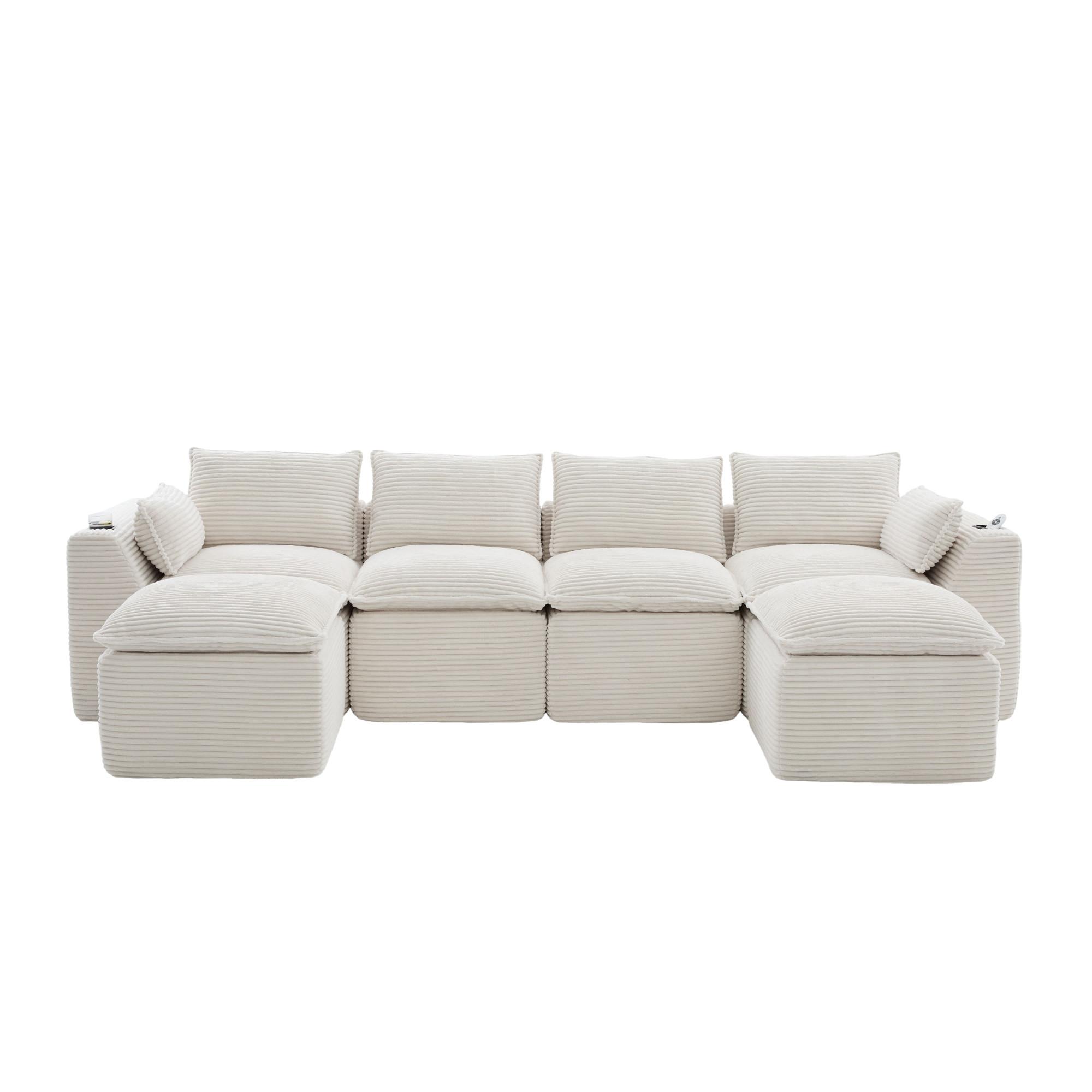 4-SITZER-SOFA aus Chenille, modular mit 2 Fußhockern und Getränkehaltern - Beige, Textil (322/75/161cm) - Urban Meuble