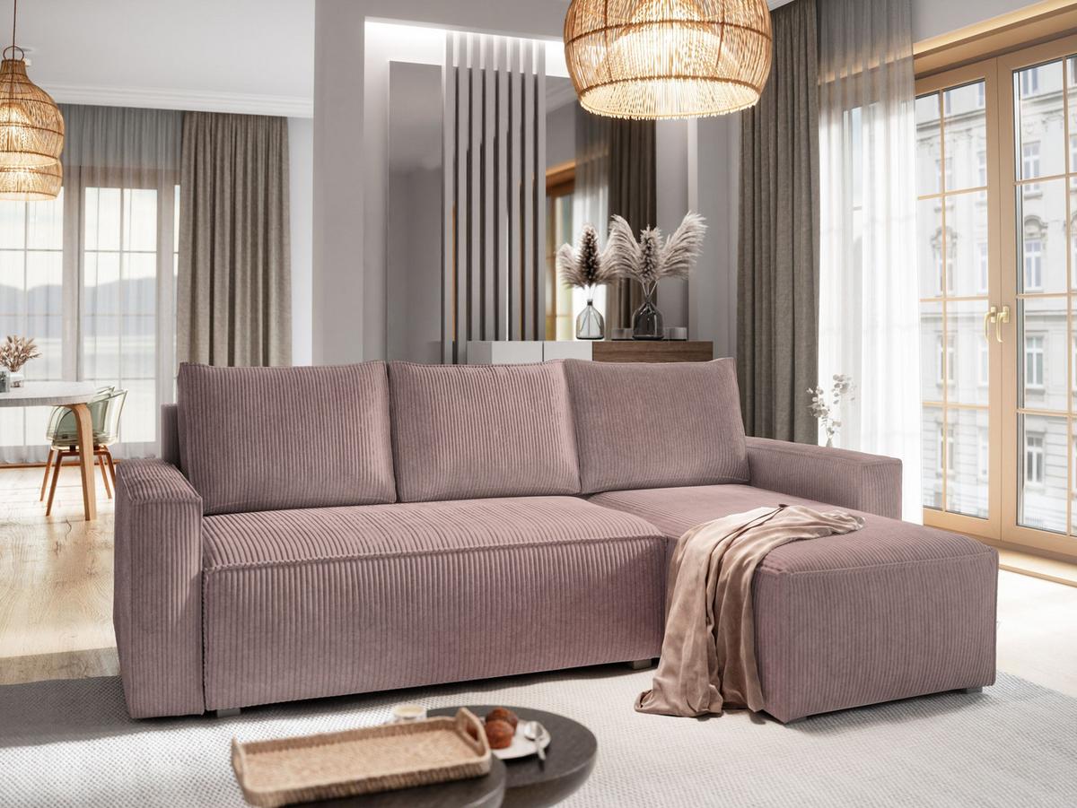 ECKSOFA POTARO Lila Kordstoff mit Schlaffunktion - Lila/Grau, Holz/Kunststoff (232/140cm) - MASSENO