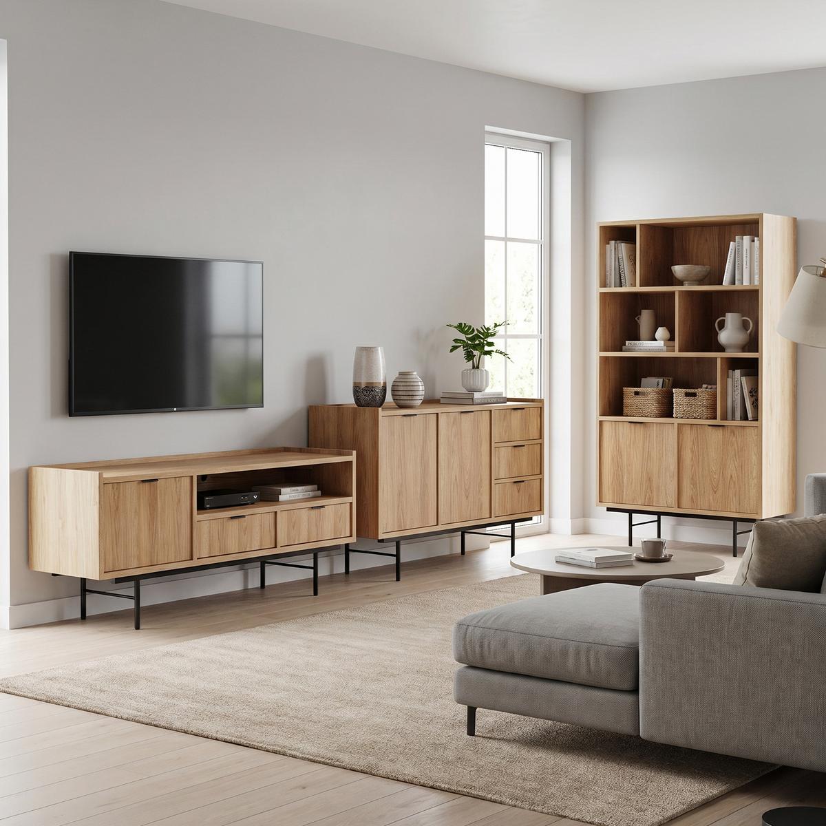 WOHNWAND Evron Kommode 150 cm TV-Board 150 cm Bücherregal 90 cm, Hikora Eiche - Eichefarben/Schwarz, Holzwerkstoff/Metall (150/90/40cm) - Beautysofa