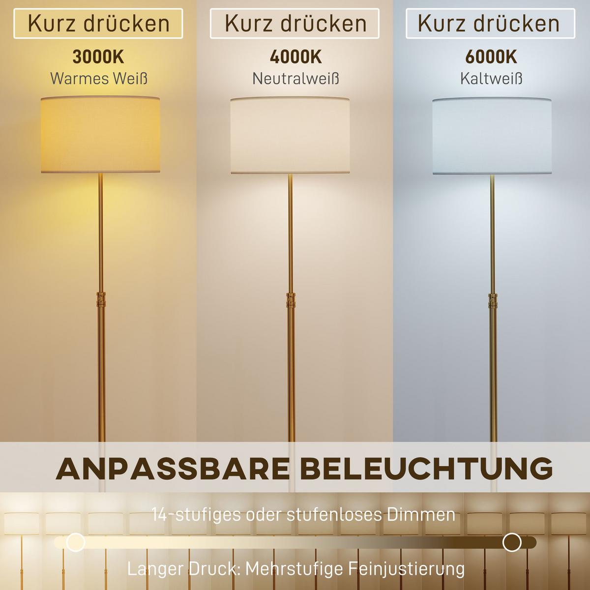 STEHLAMPE dimmbar mit Leinen-Lampenschirm Gold - Goldfarben, Metall (40/40/168cm) - HOMCOM