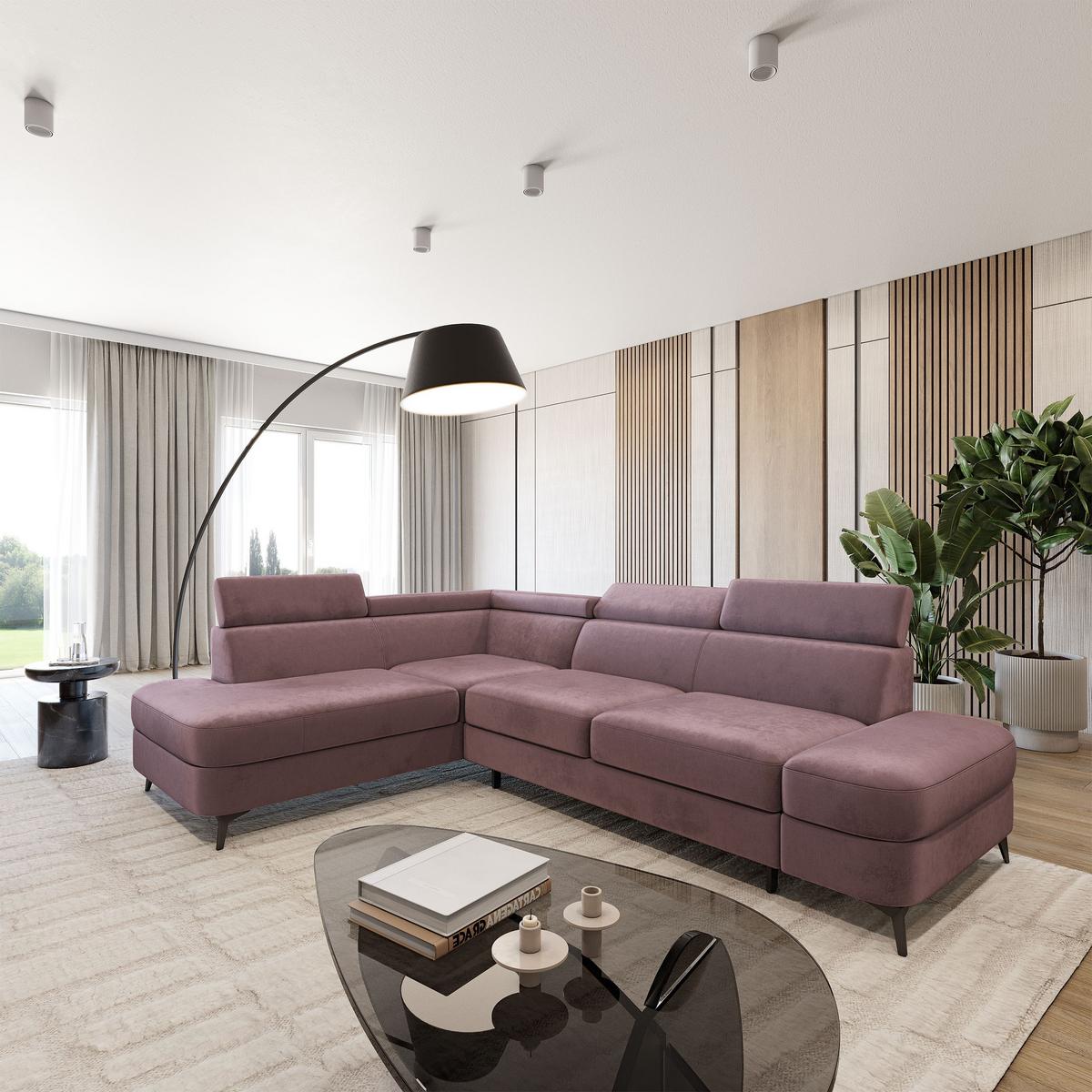ECKSOFA AVISE M L-S Lila Velours-Stoff mit Schlaffunktion - Lila, Holzwerkstoff/Textil (268/195cm) - MASSENO