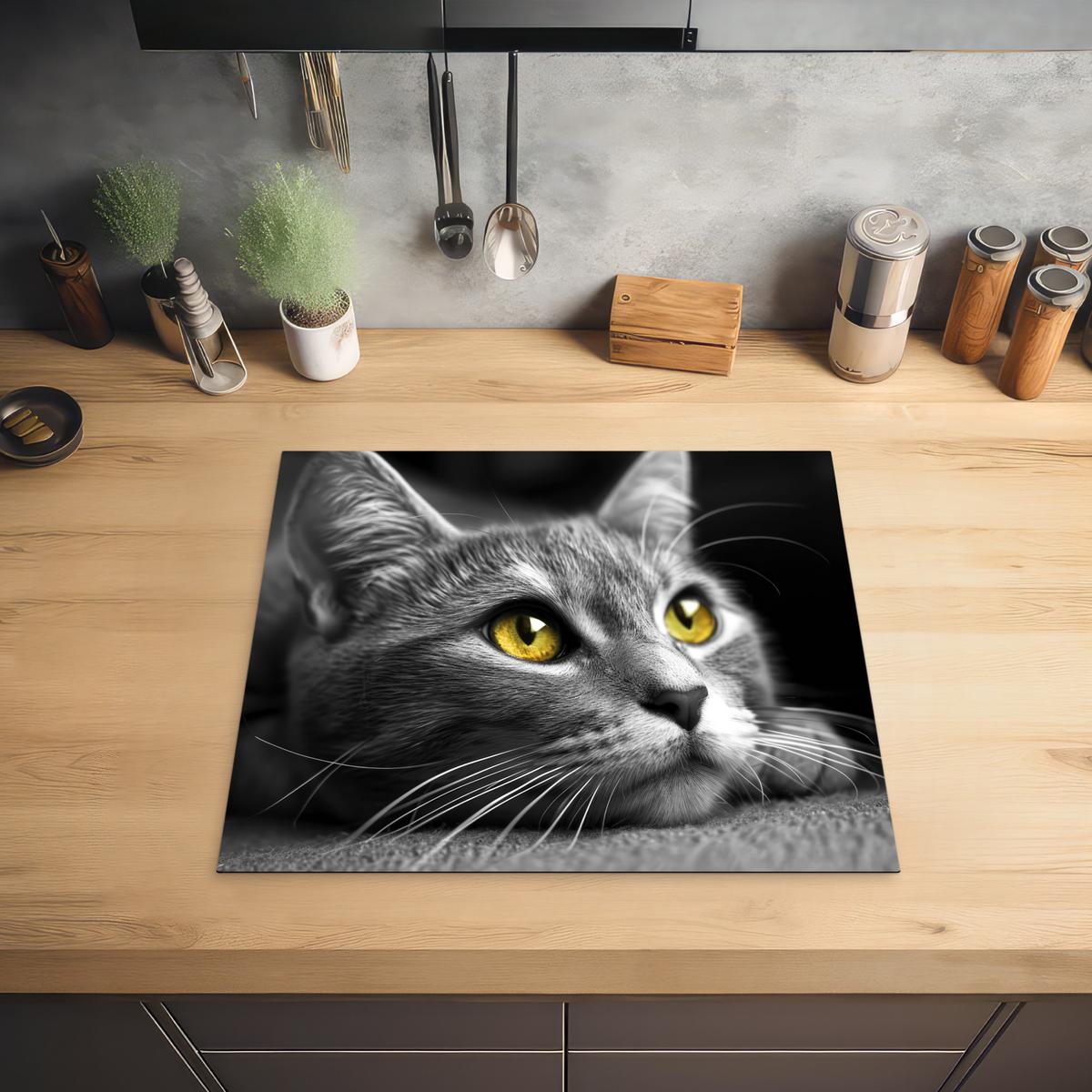 HERDABDECKPLATTE Katze - Grau - Tiere - Katze Abdeckung Ceranfeld 57.6x51.6 cm - Grau, Kunststoff (57.6/51.6/0.2cm) - MuchoWow
