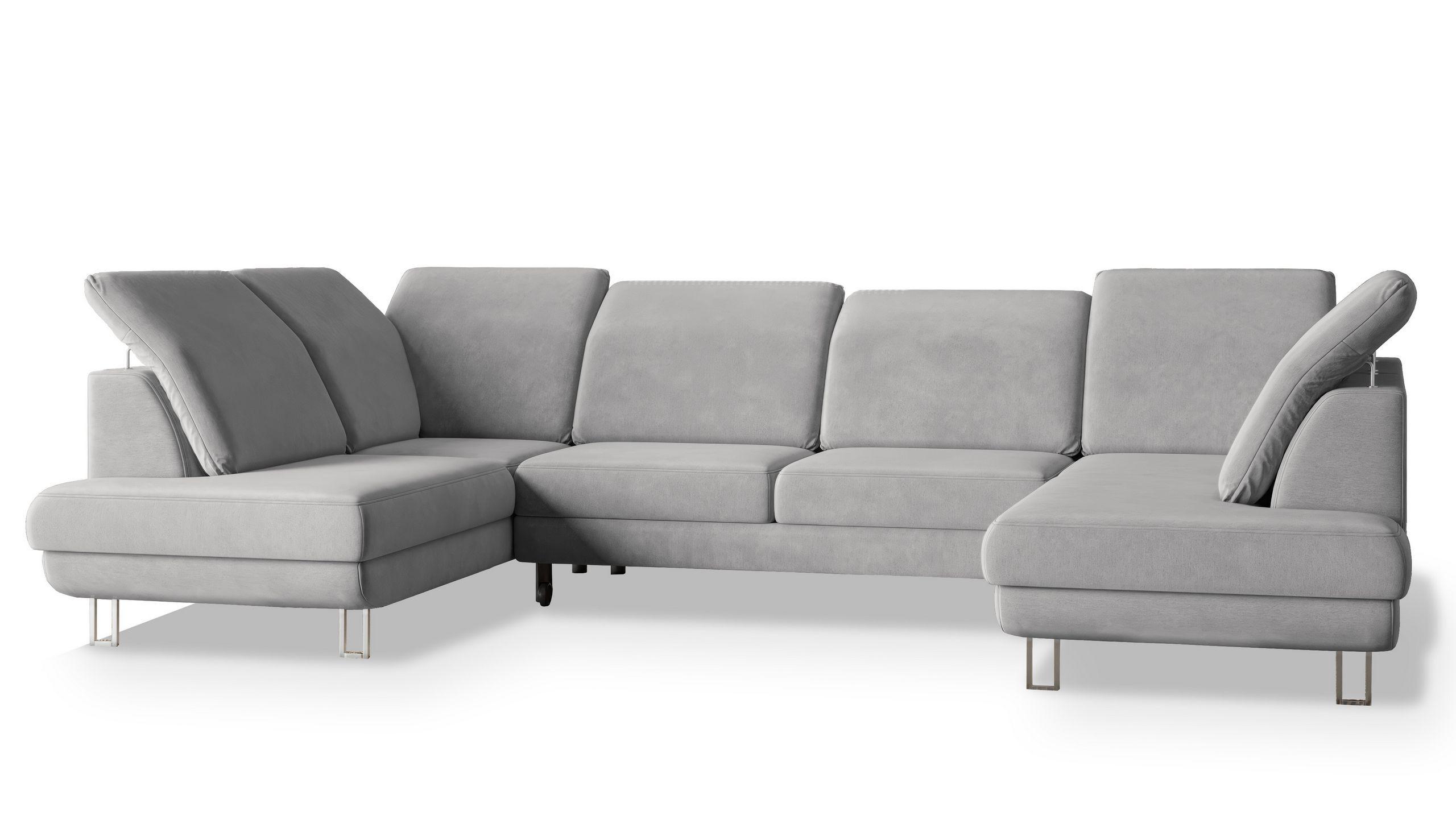 WOHNLANDSCHAFT TERAMO Hellgrau Velours-Stoff mit Schlaffunktion - Silberfarben/Hellgrau, Holz/Textil (316/88/193cm) - MASSENO