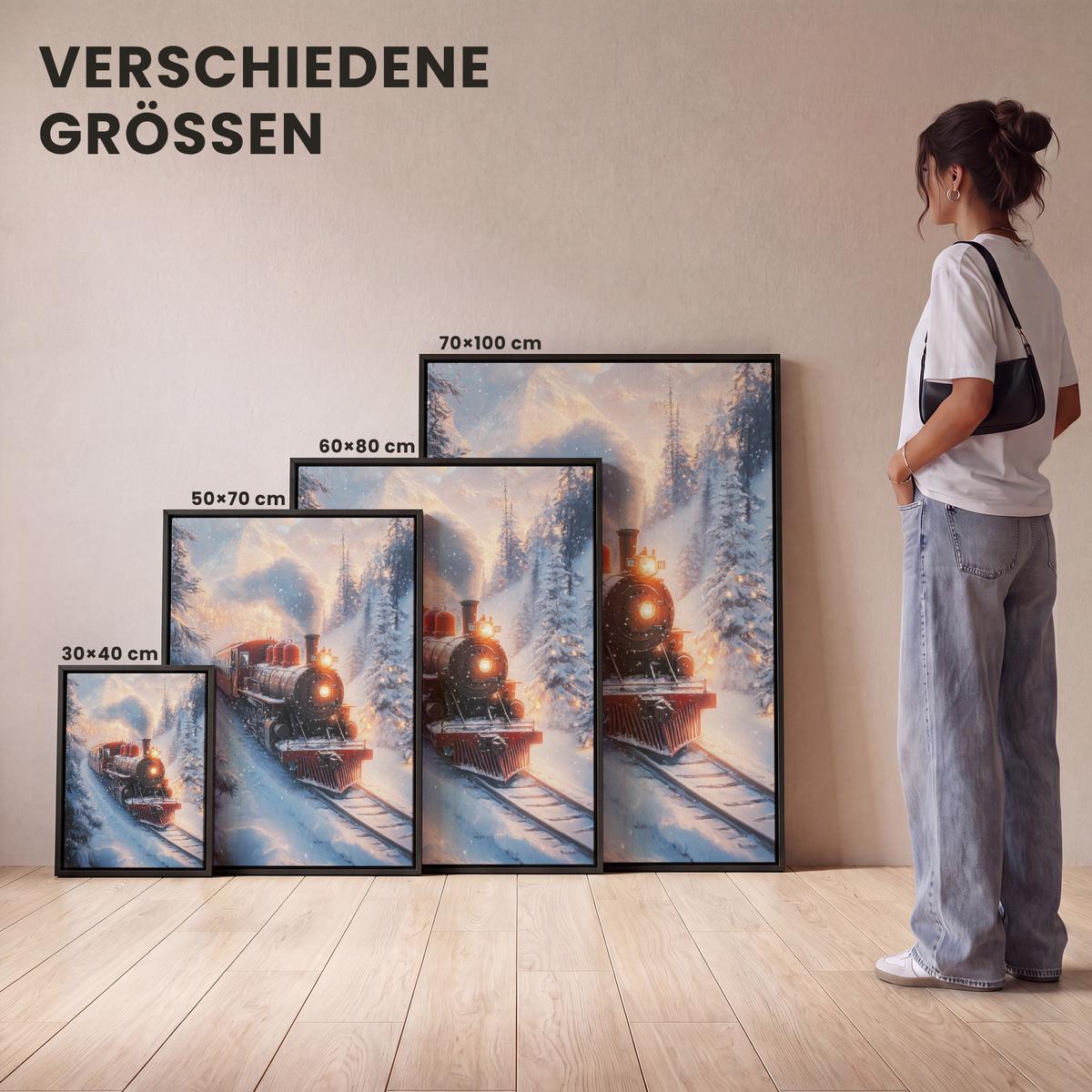 LEINWAND Bilder mit Rahmen - Weihnachtszug - Schnee - Winter - Weihnachten - 60x80 - Dunkelrot, Textil (60/80cm) - MuchoWow