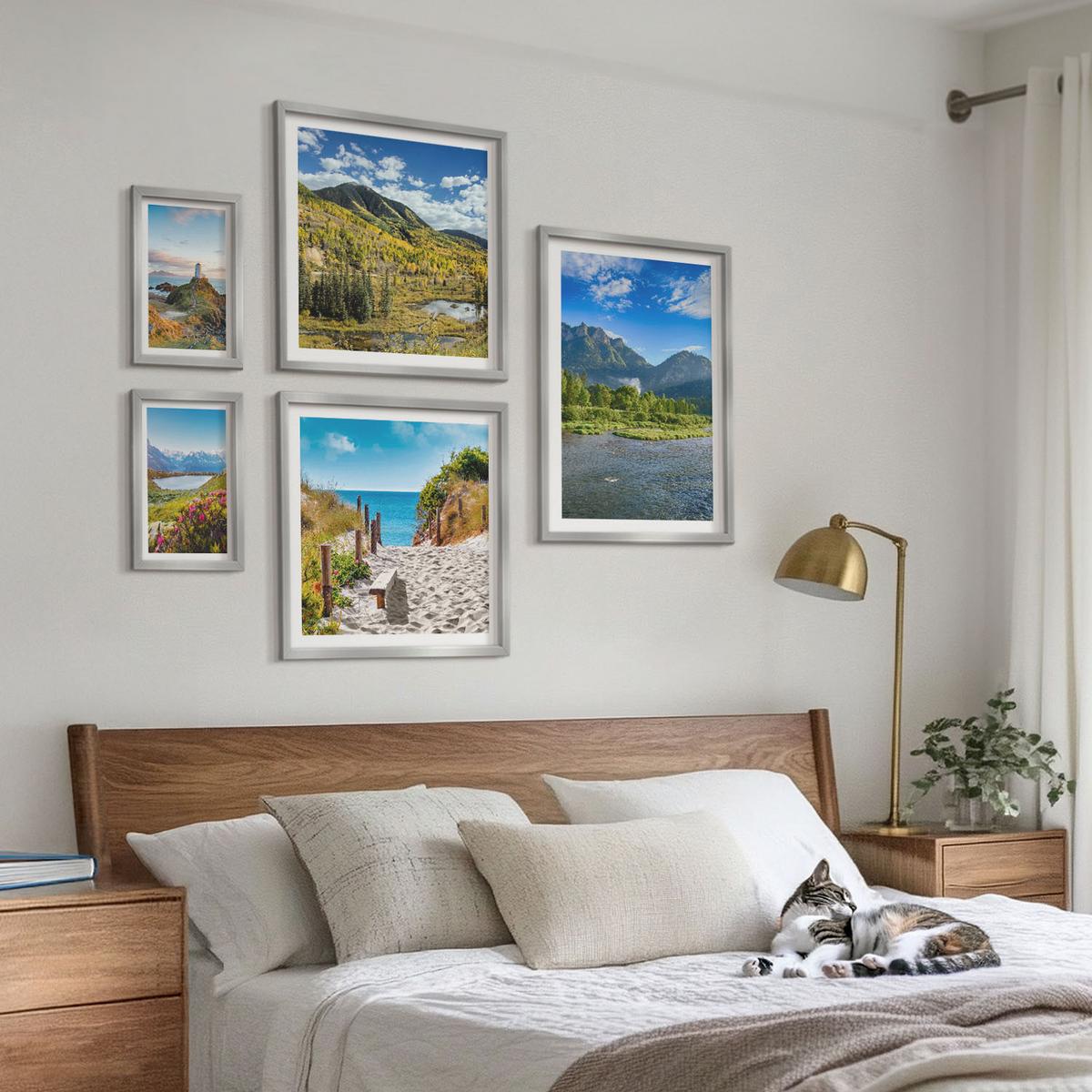 BILDER SET 5er Set - 50x50 cm & 20x30 cm & 40x60 cm Silberner Rahmen - See, Brücken, Berge - Silberfarben, Kunststoff (40/60cm) - TULUP