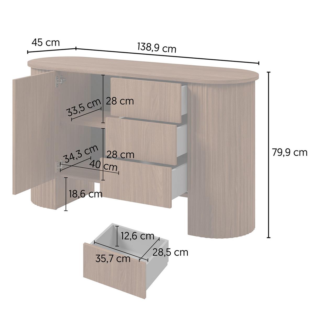 KOMMODE Carlo mit 1 Tür und 3 Schubladen, Push-To-Open, 140 cm, Walnuss - Walnussfarben, Holzwerkstoff (139/80/45cm) - Beautysofa