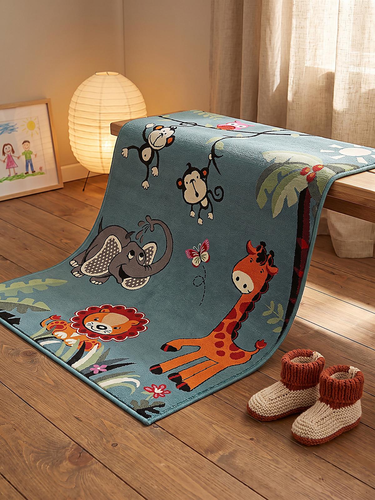 SPIELTEPPICH CASOLA Dschungel-Tiere Polypropylen Blau 80 x 150 cm - Blau, Textil (80/150cm) - KADIMA DESIGN
