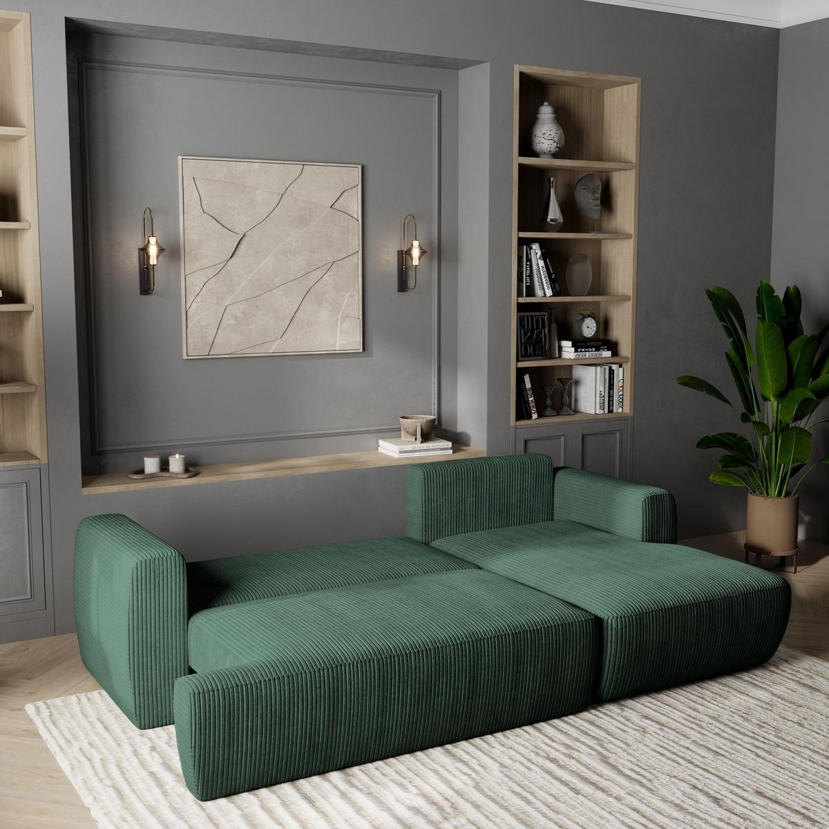 ECKSOFA SENTI P R-S Grün Kordstoff mit Schlaffunktion - Schwarz/Grün, Holz/Kunststoff (246/148cm) - MASSENO