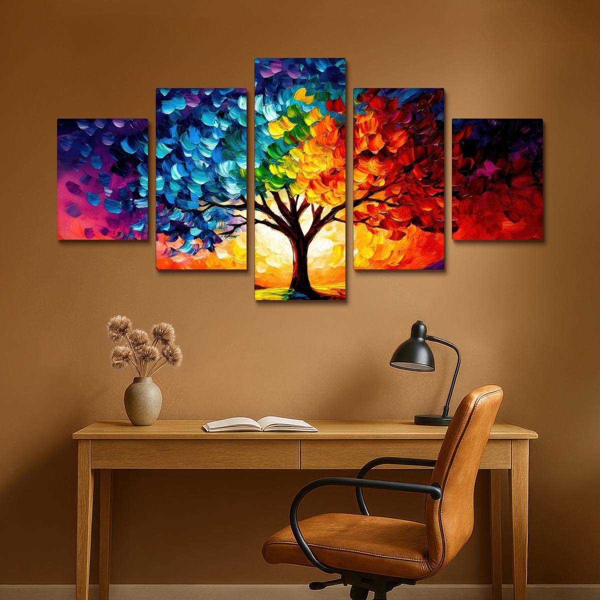 LEINWANDBILD 5er Set Baum - Farbenfroh - Malerei-Look - Abstrakt 150x80 cm - Multicolor, Textil (150/80cm) - MuchoWow