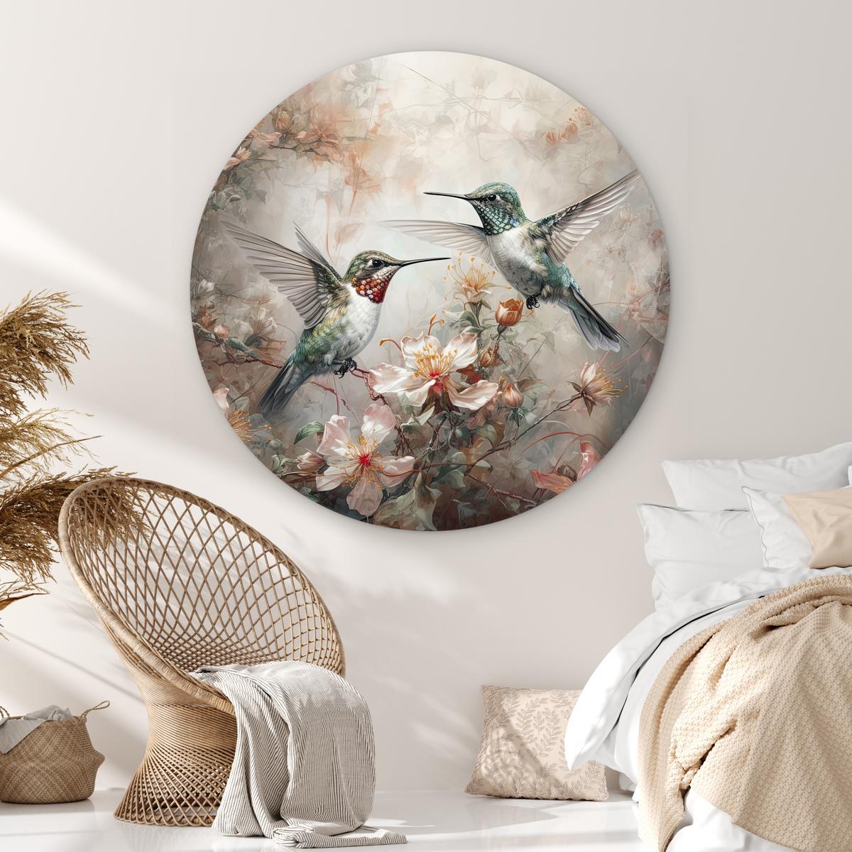 WANDBILD Kolibri - Vögel - Blumen - Pflanzen Deko Groß 150x150 cm - Hellgrün, Kunststoff (150/150cm) - MuchoWow