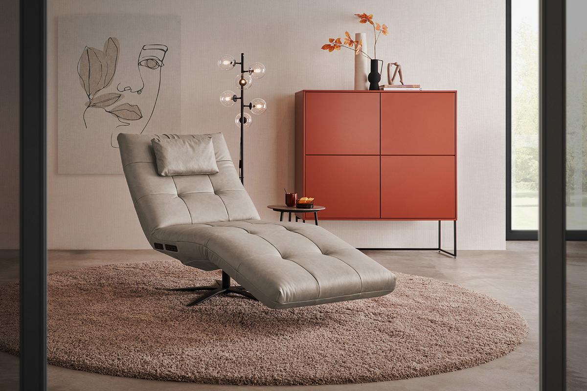 RELAXLIEGE LETICIA Grau Leder Drehbar (360°), Relaxfunktion - Schwarz/Grau, Leder/Metall (82/115/156cm) - KAWOLA