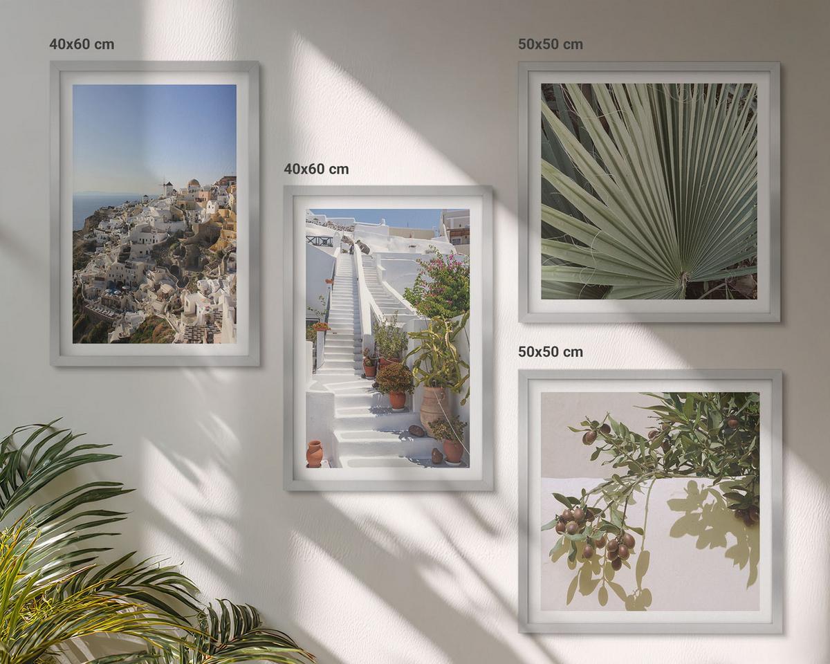 BILDER SET 4er Set - 50x50 cm & 40x60 cm Silberner Rahmen - Weiße Treppe mit Blick auf Santorini - Silberfarben, Kunststoff (50/50cm) - TULUP